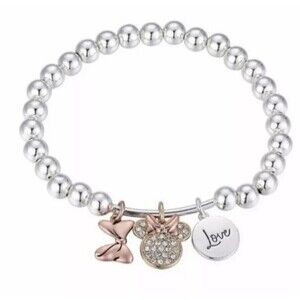 Disney Minnie Mouse Love is Bowtiful Fine Silver Plated Charms Stretch Bracelet